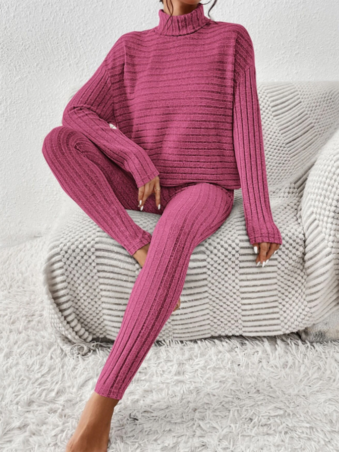 Ribbed Turtleneck Top and Pants Set - Tantalize Boutique