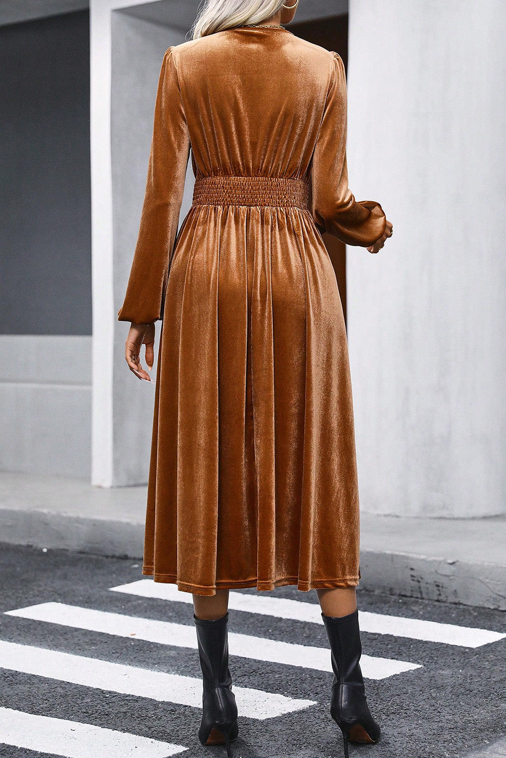Surplice Balloon Sleeve Smocked Midi Dress - Tantalize Boutique