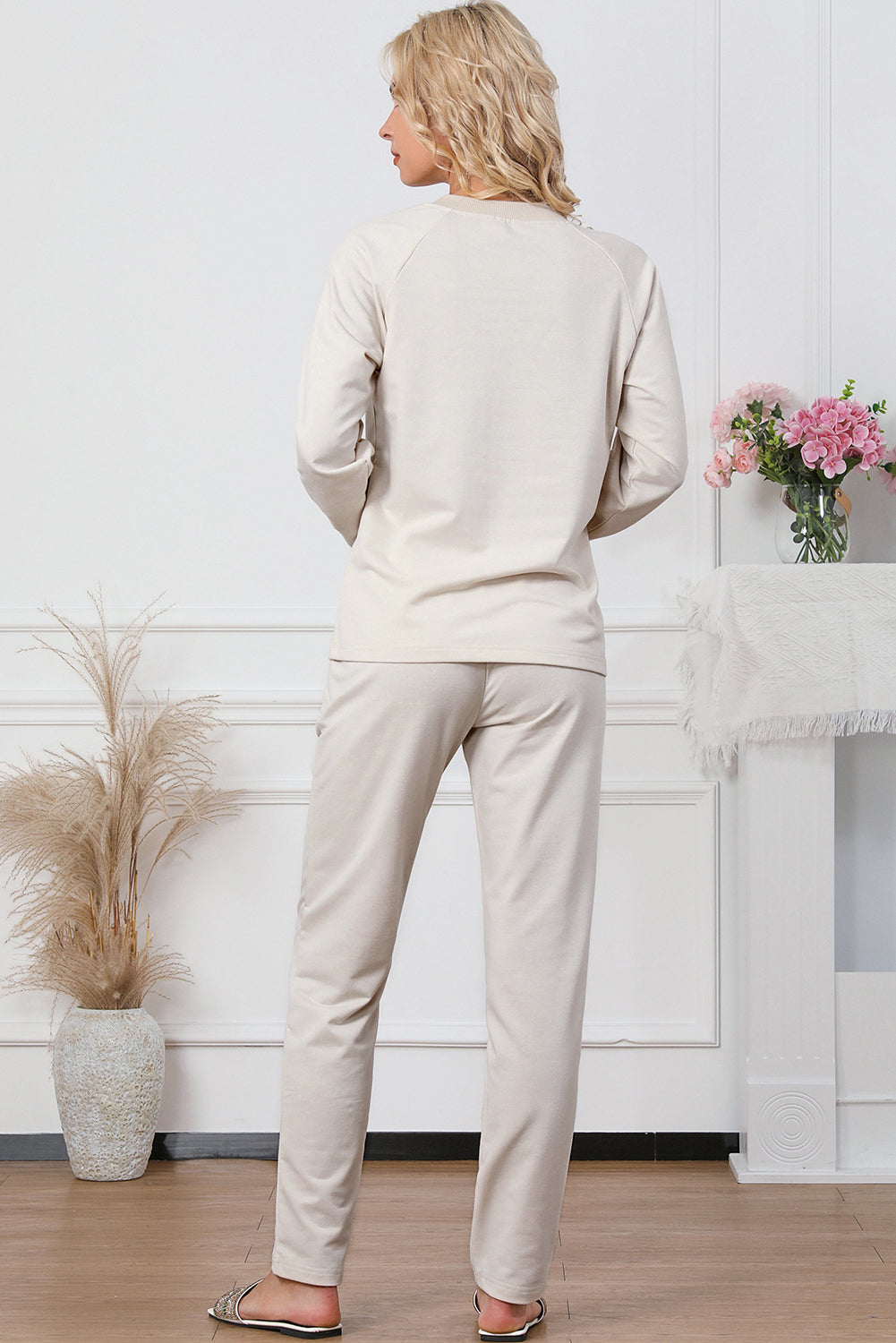 Half Button Round Neck Top and Drawstring Pants Lounge Set - Tantalize Boutique