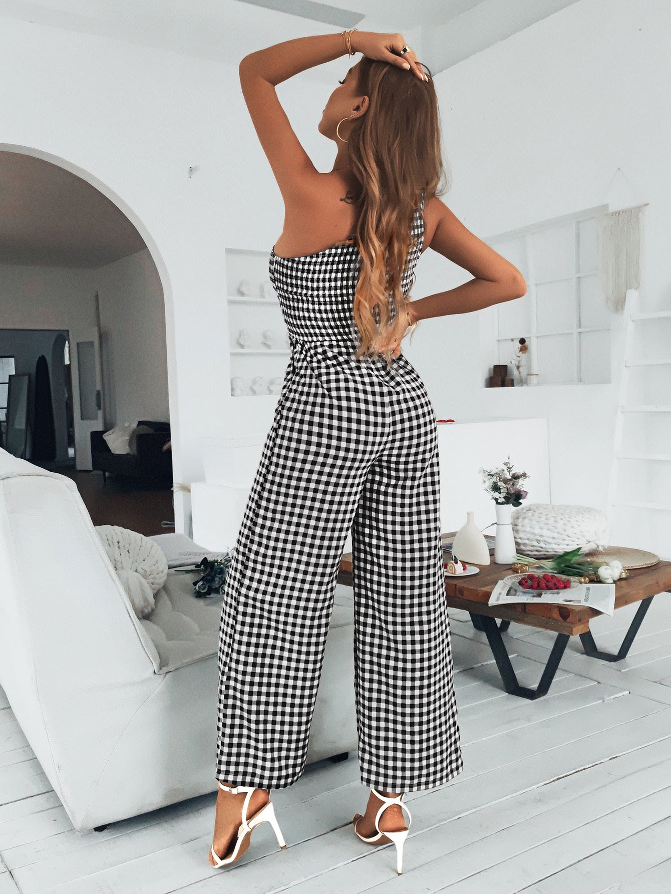 Plaid One-Shoulder Wide Leg Jumpsuit with Pockets - Tantalize Boutique