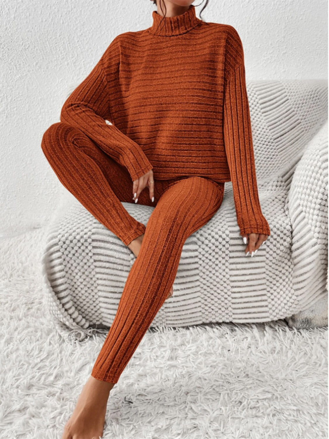 Ribbed Turtleneck Top and Pants Set - Tantalize Boutique