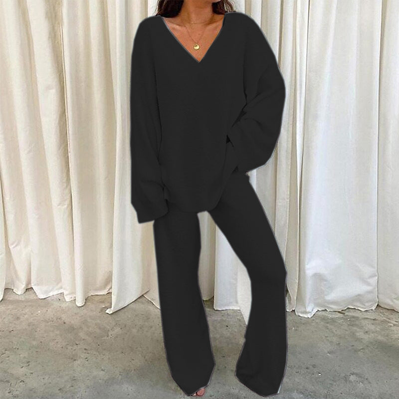 V-Neck Long Sleeve Top and Long Pants Set - Tantalize Boutique