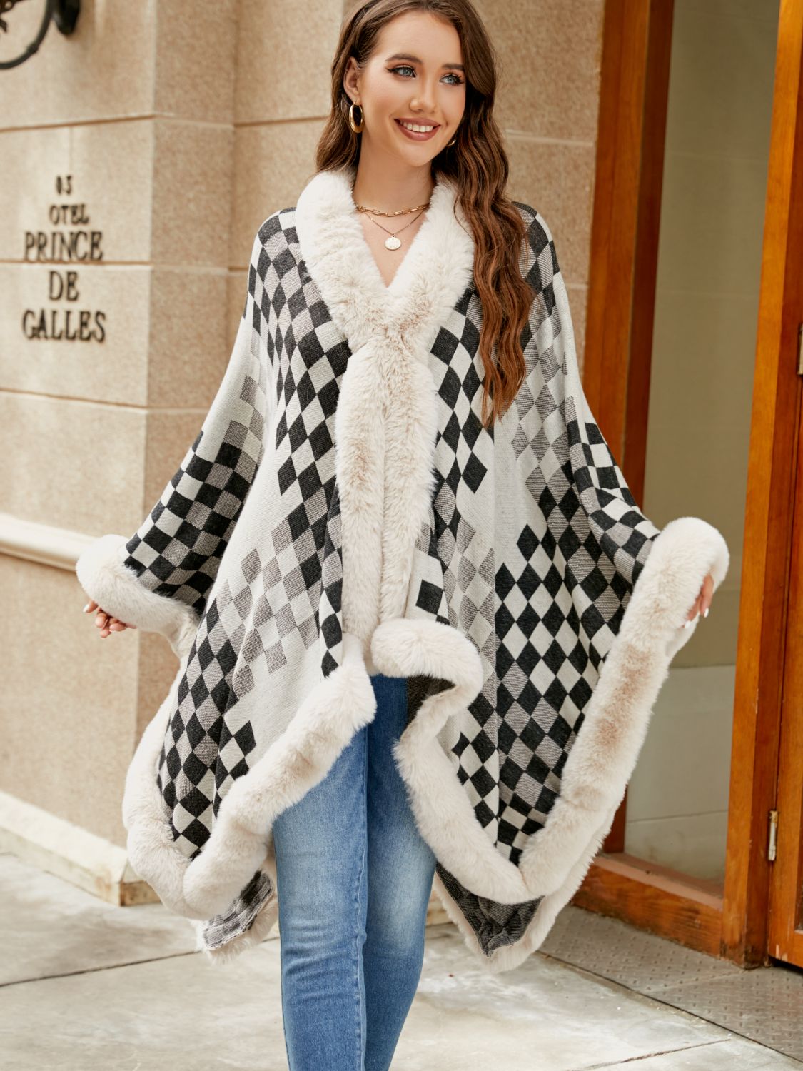 Checkered Faux Fur Trim Poncho - Tantalize Boutique