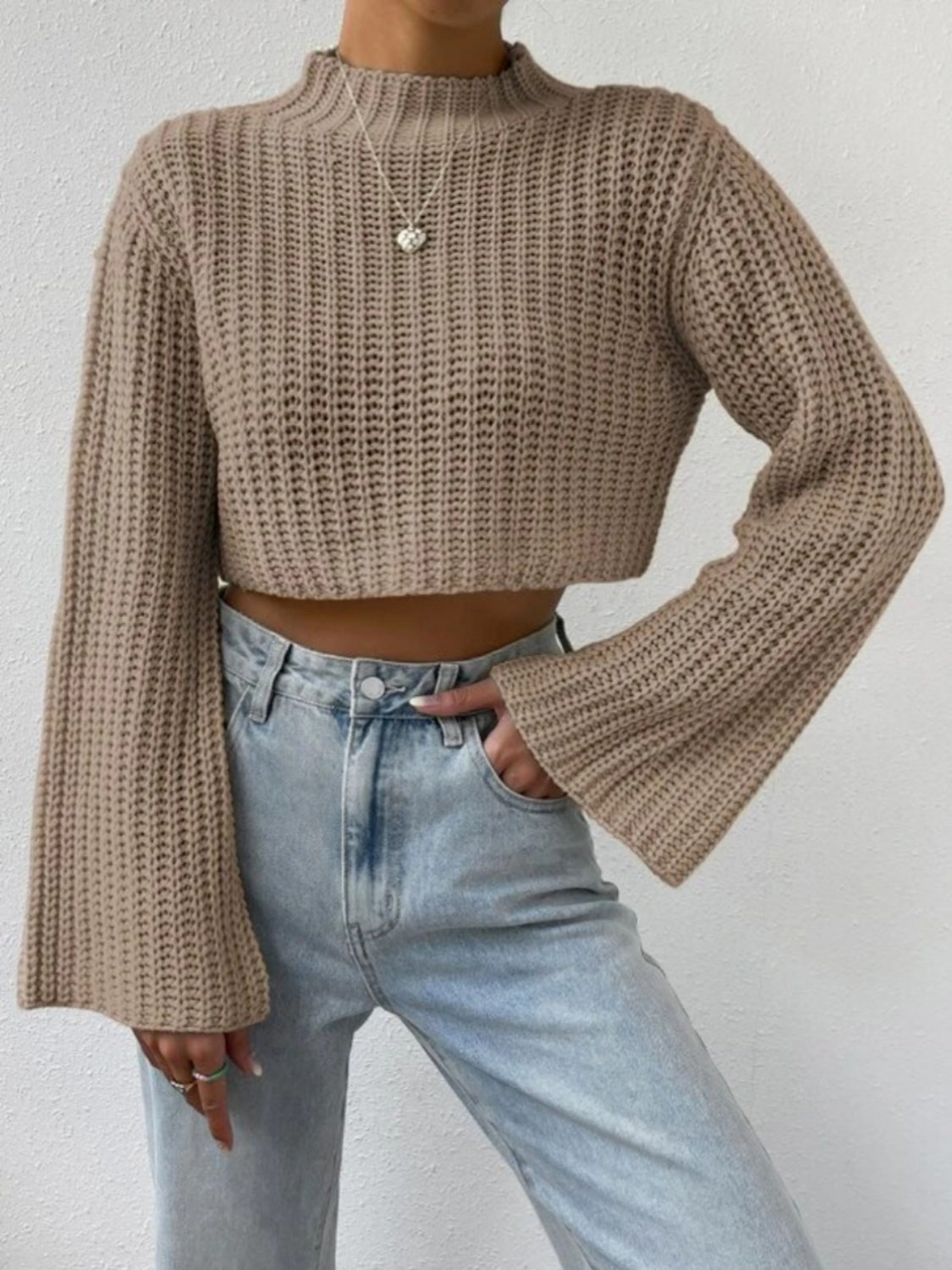 Mock Neck Long Sleeve Cropped Sweater - Tantalize Boutique