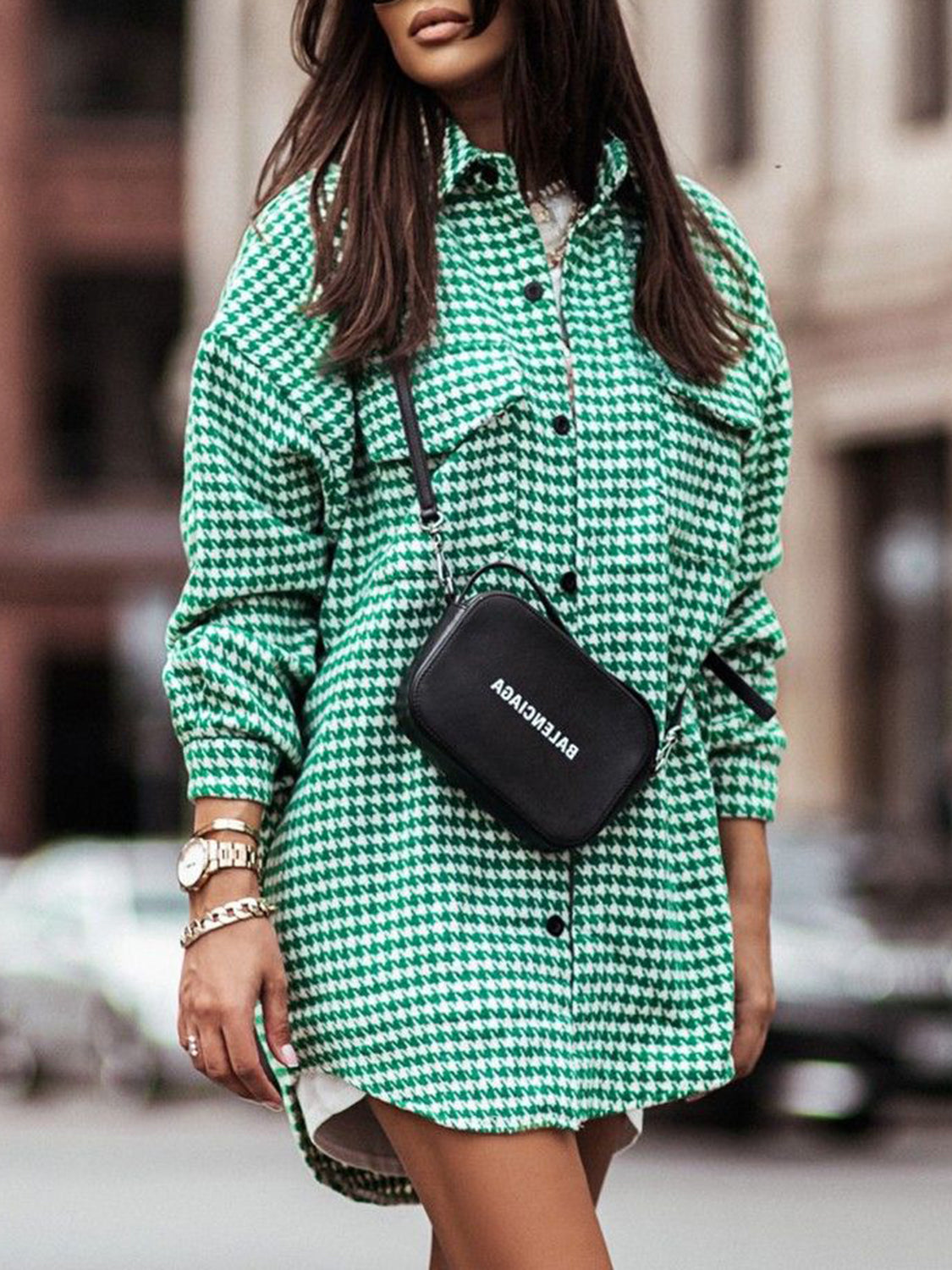 Houndstooth Button Up Dropped Shoulder Jacket - Tantalize Boutique