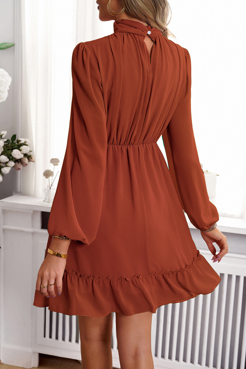 Frill Ruched Mock Neck Balloon Sleeve Dress - Tantalize Boutique