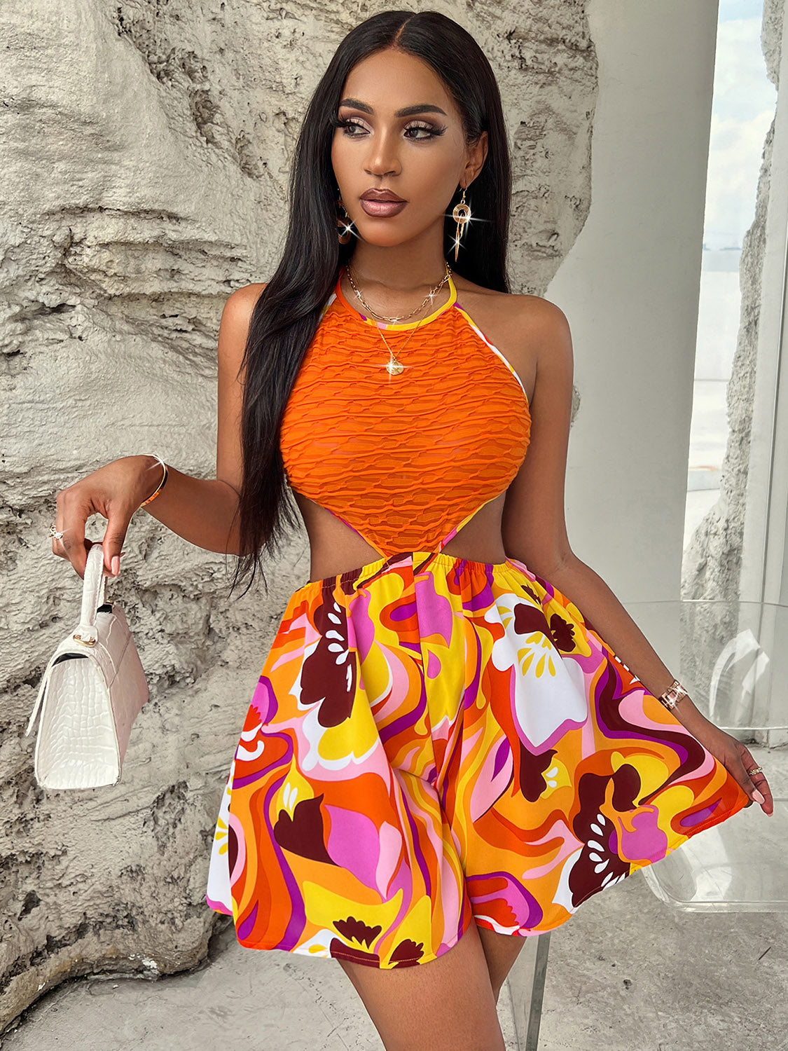 Sleeveless Cutout Printed Mini Dress - Tantalize Boutique