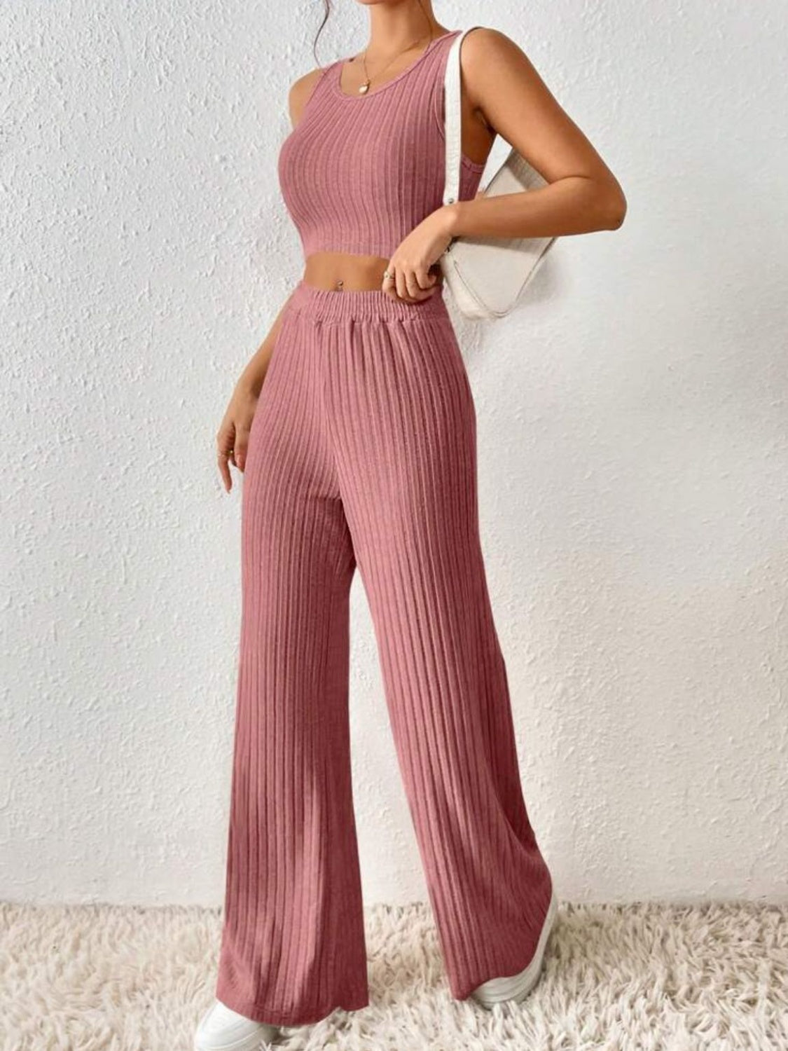 Ribbed Round Neck Tank and Pants Sweater Set - Tantalize Boutique