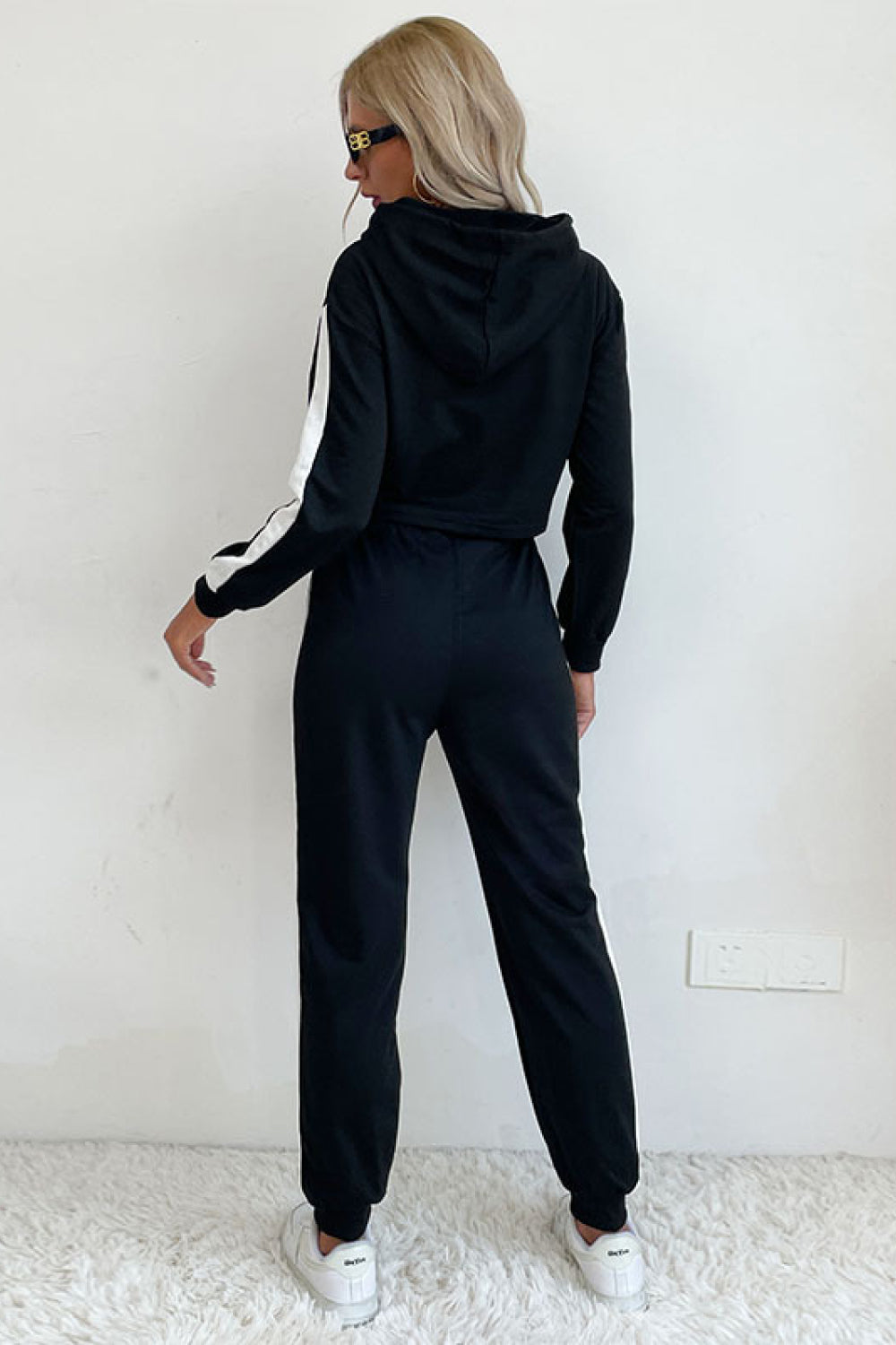 Side Stripe Cropped Hoodie and Jogger Set - Tantalize Boutique