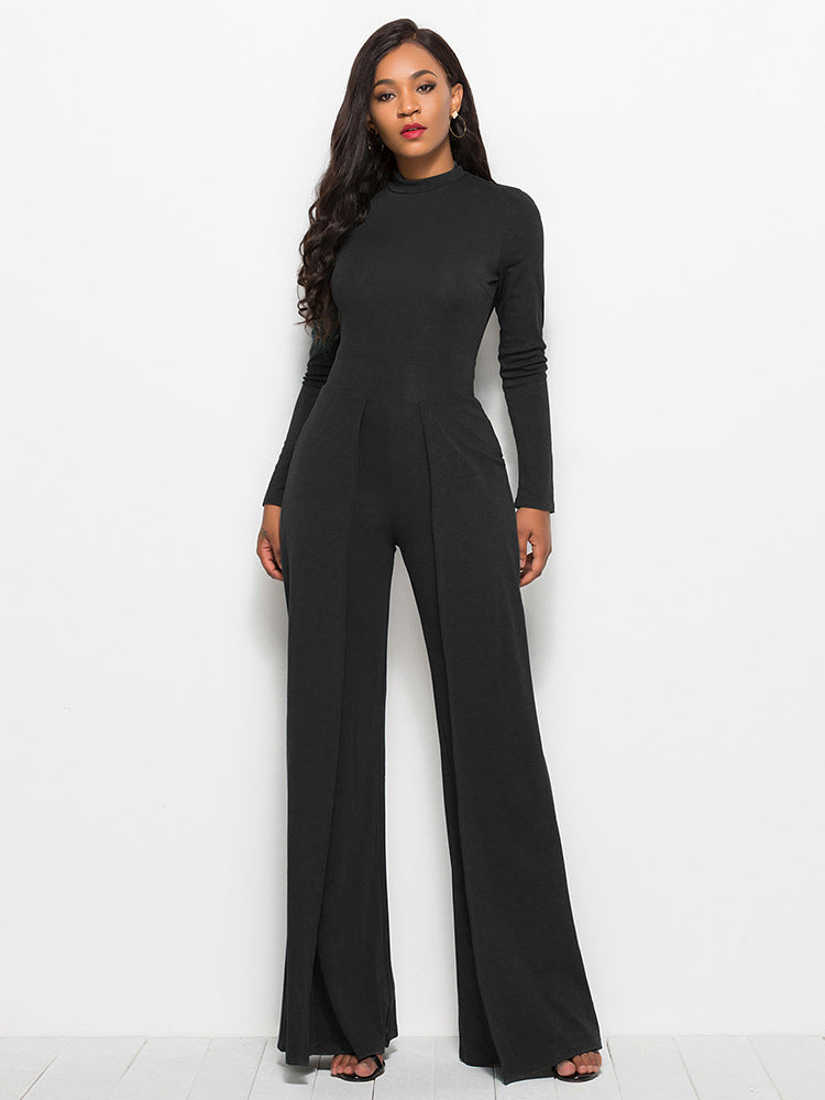 Long Sleeve Mock Neck Wide Leg Jumpsuit - Tantalize Boutique