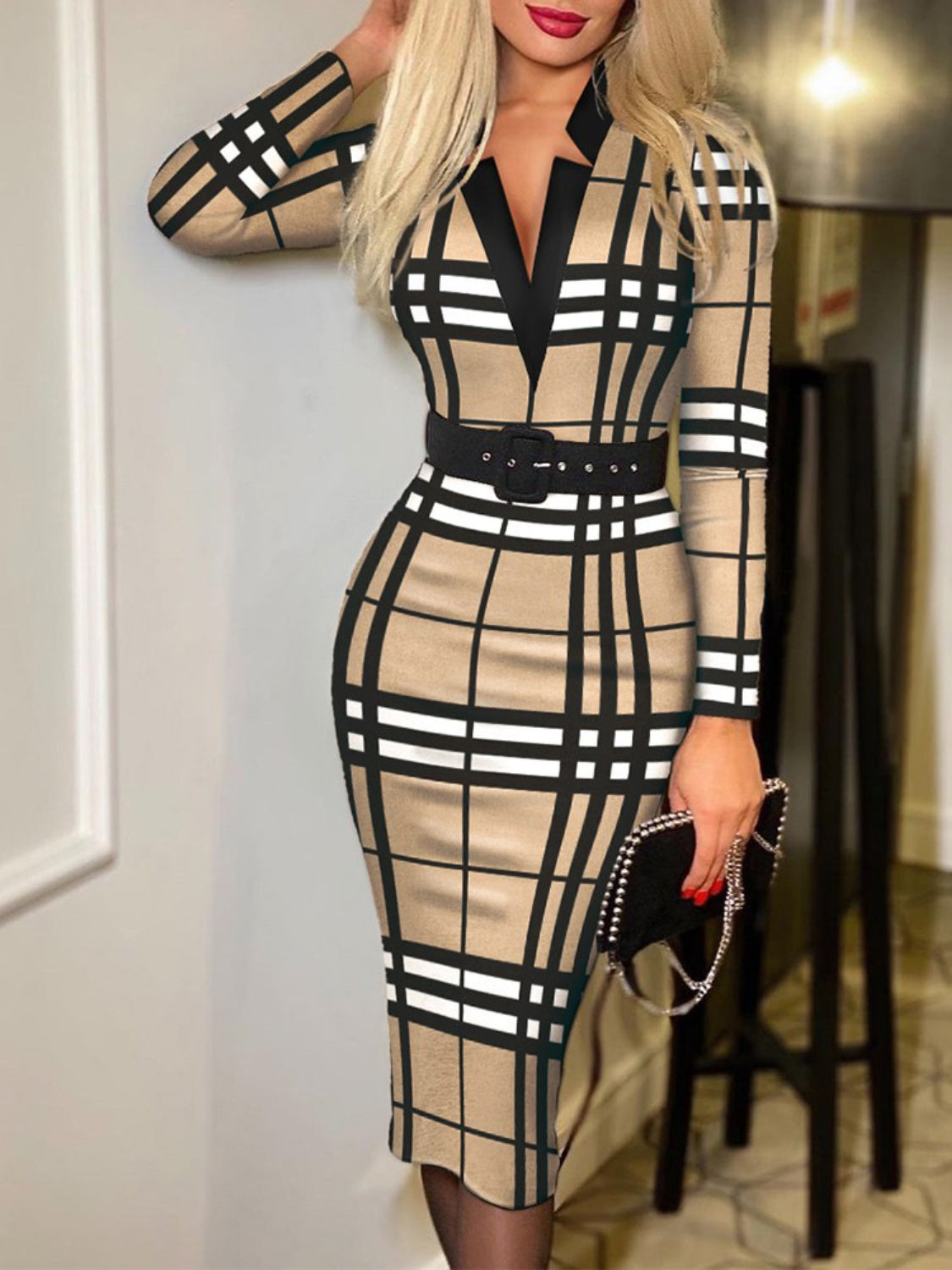 Printed Notched Long Sleeve Wrap Dress - Tantalize Boutique
