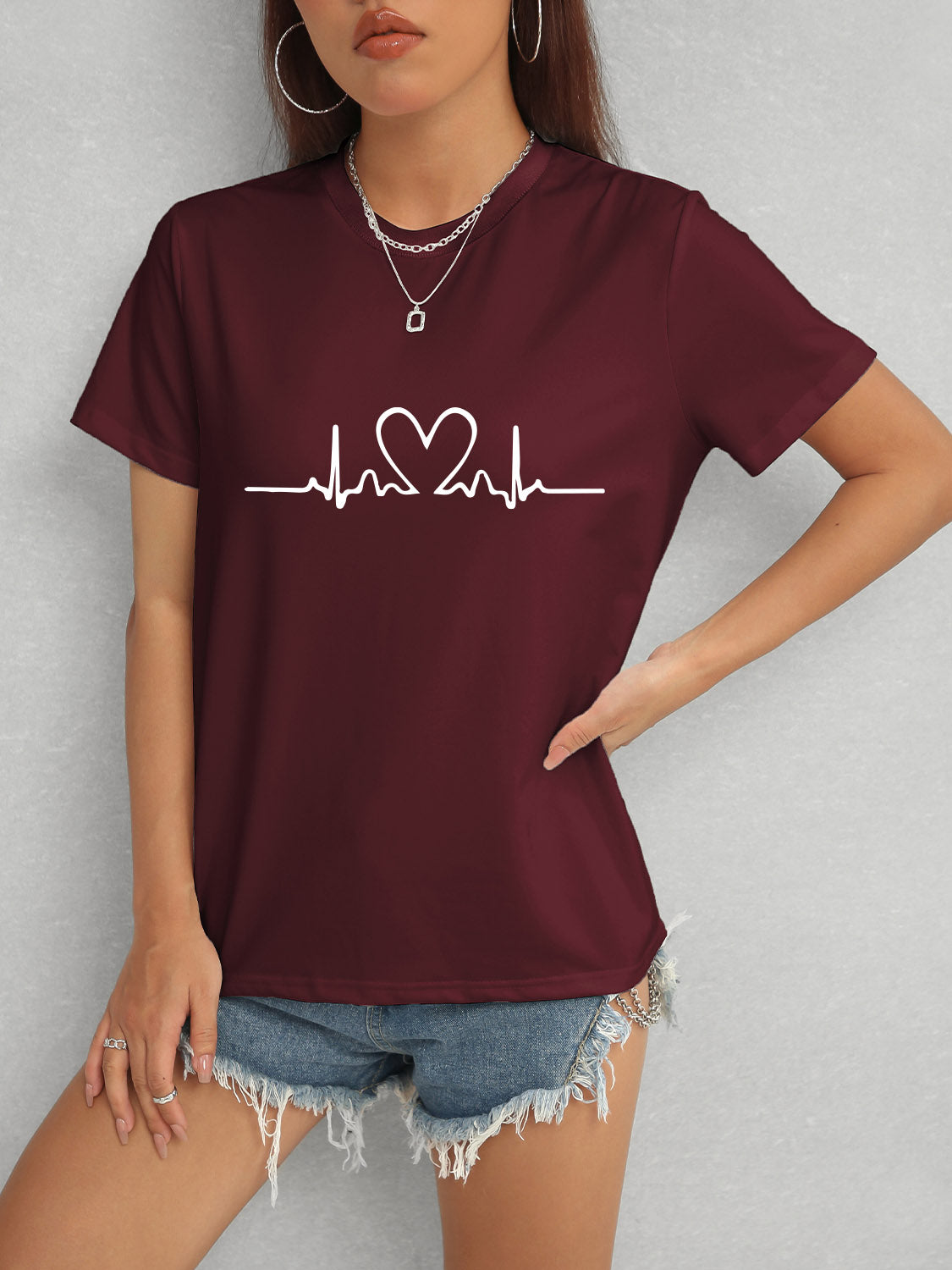 Heart Round Neck Short Sleeve T-Shirt - Tantalize Boutique