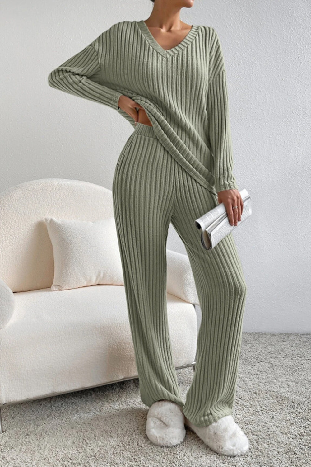 Ribbed V-Neck Top and Pants Set - Tantalize Boutique
