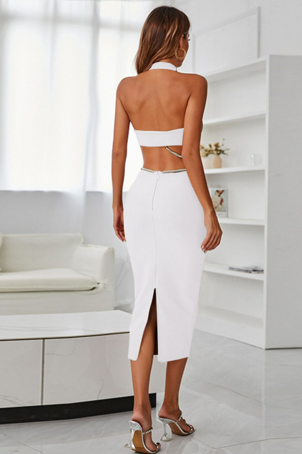 Rhinestone Halter Neck Cutout Slit Midi Dress - Tantalize Boutique