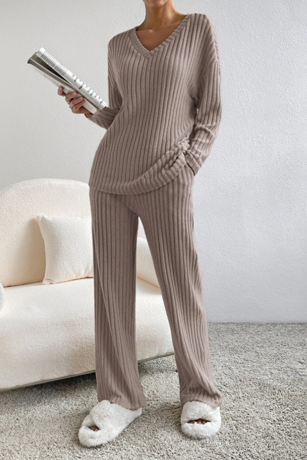 Ribbed V-Neck Top and Pants Set - Tantalize Boutique