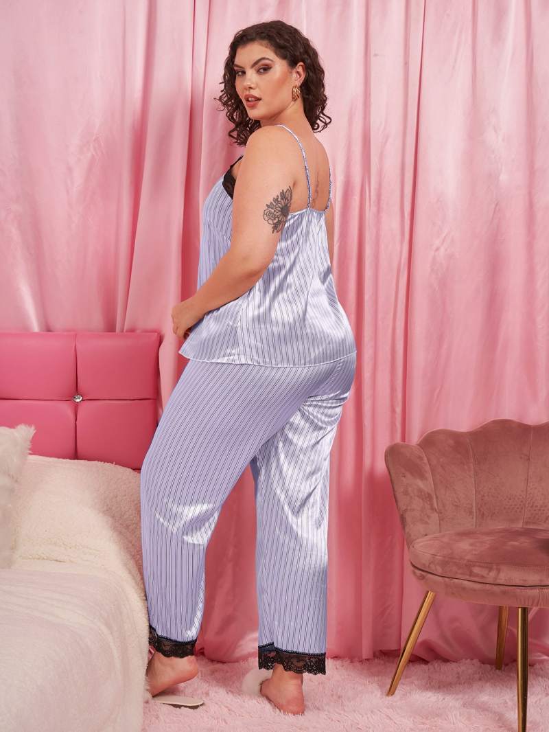 Plus Size Vertical Stripe Lace Trim Cami and Pants Pajama Set - Tantalize Boutique