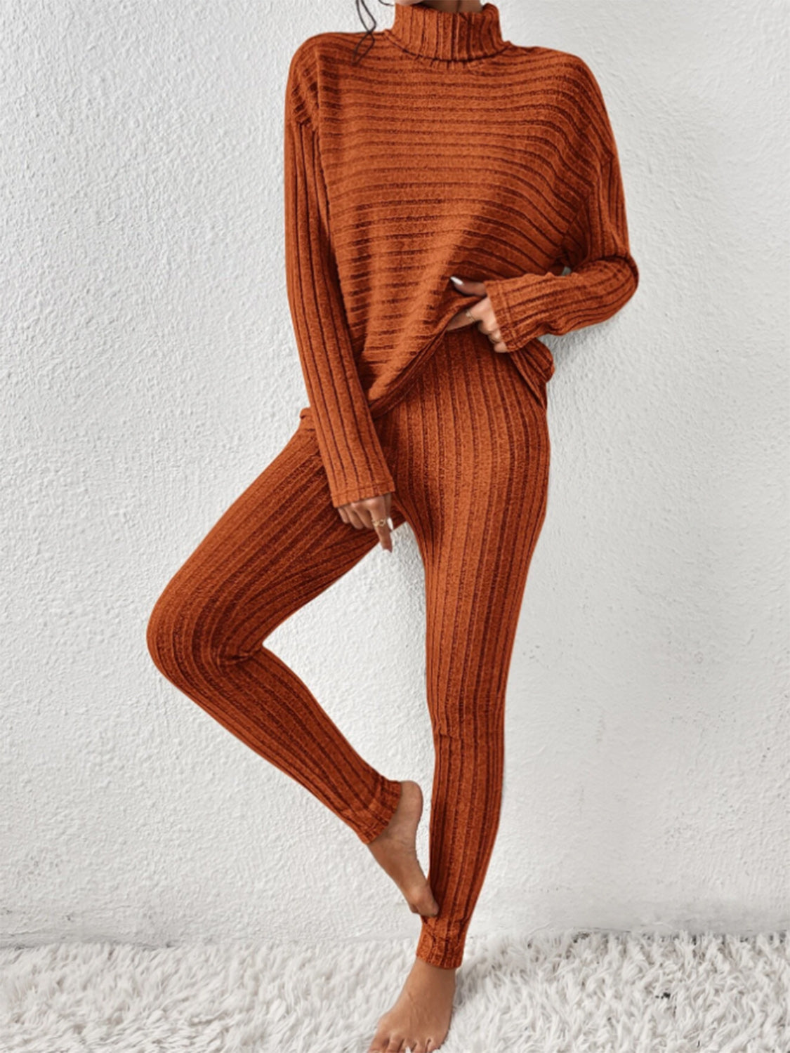 Ribbed Turtleneck Top and Pants Set - Tantalize Boutique