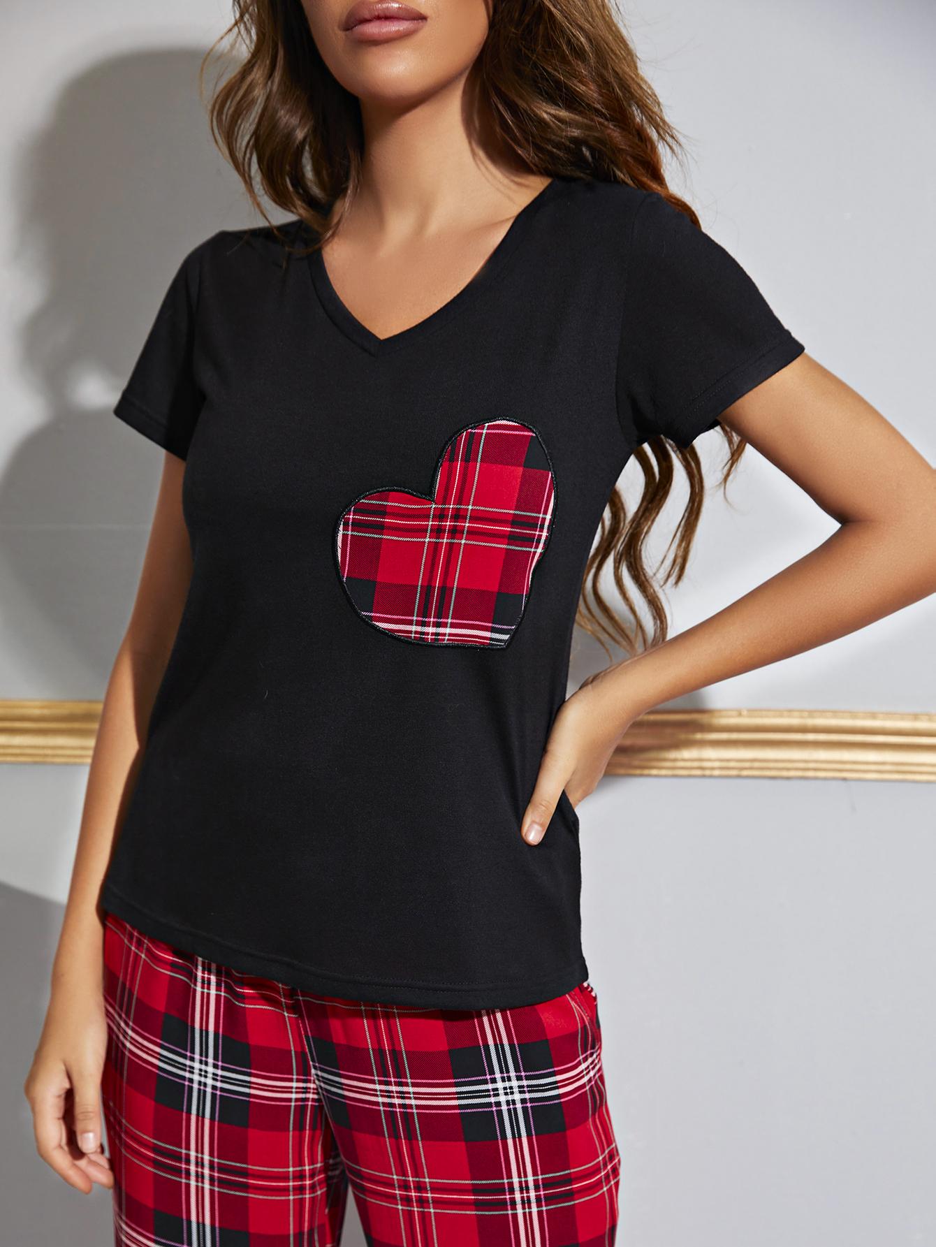 Heart Graphic V-Neck Top and Plaid Pants Lounge Set - Tantalize Boutique