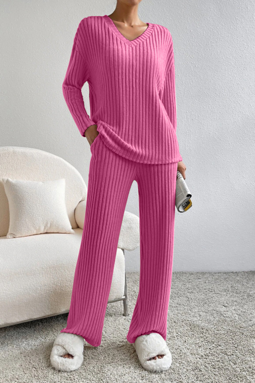 Ribbed V-Neck Top and Pants Set - Tantalize Boutique