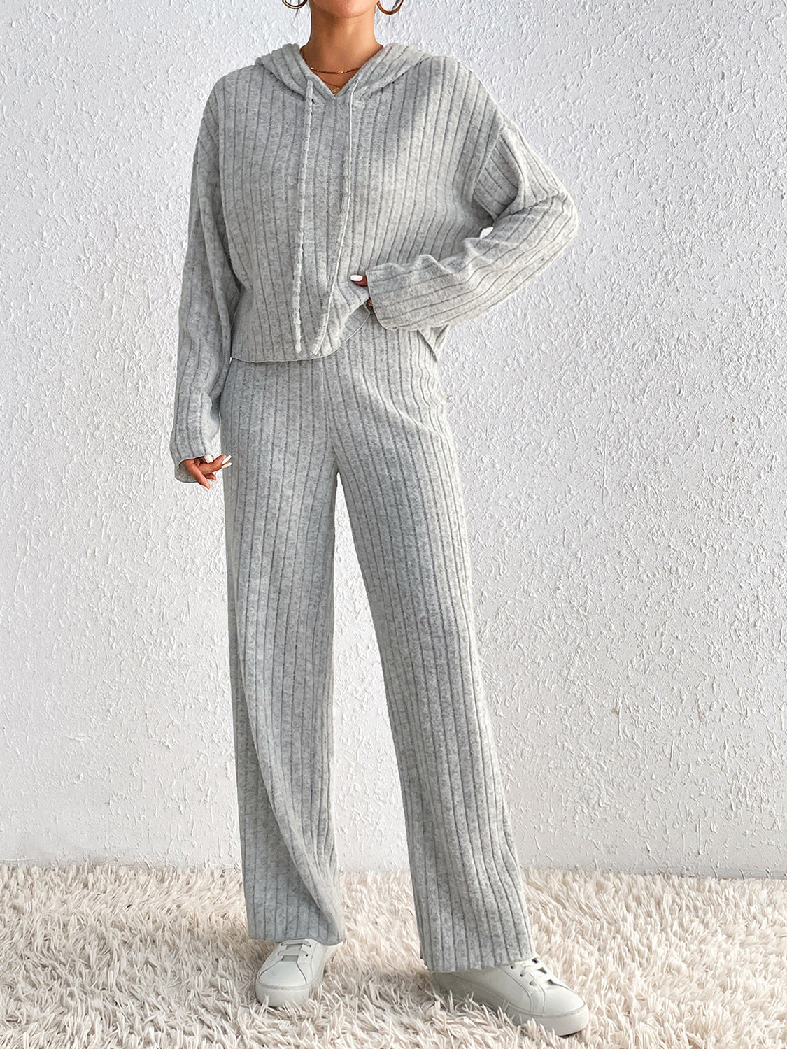 Drawstring Ribbed Hoodie and Straight Leg Pants Set - Tantalize Boutique