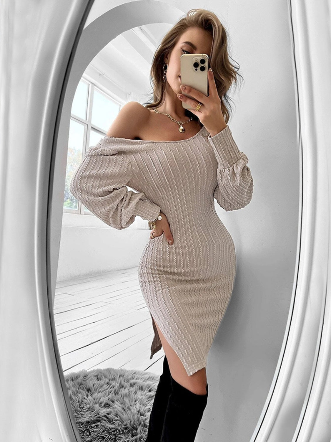 Slit Balloon Sleeve Mini Dress - Tantalize Boutique
