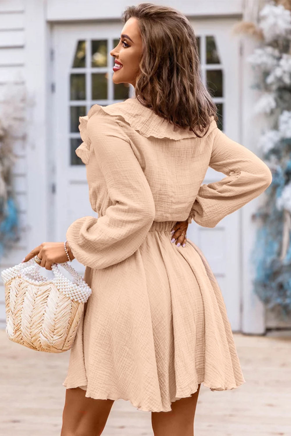 Ruffle Trim V-Neck Long Sleeve Mini Dress - Tantalize Boutique