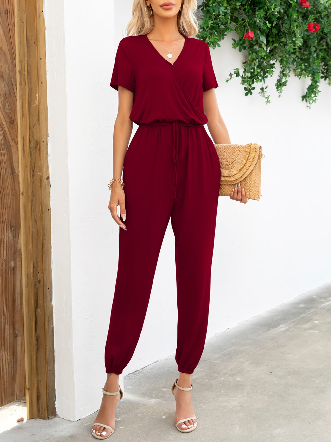 Short Sleeve V-Neck Jumpsuit with Pockets - Tantalize Boutique