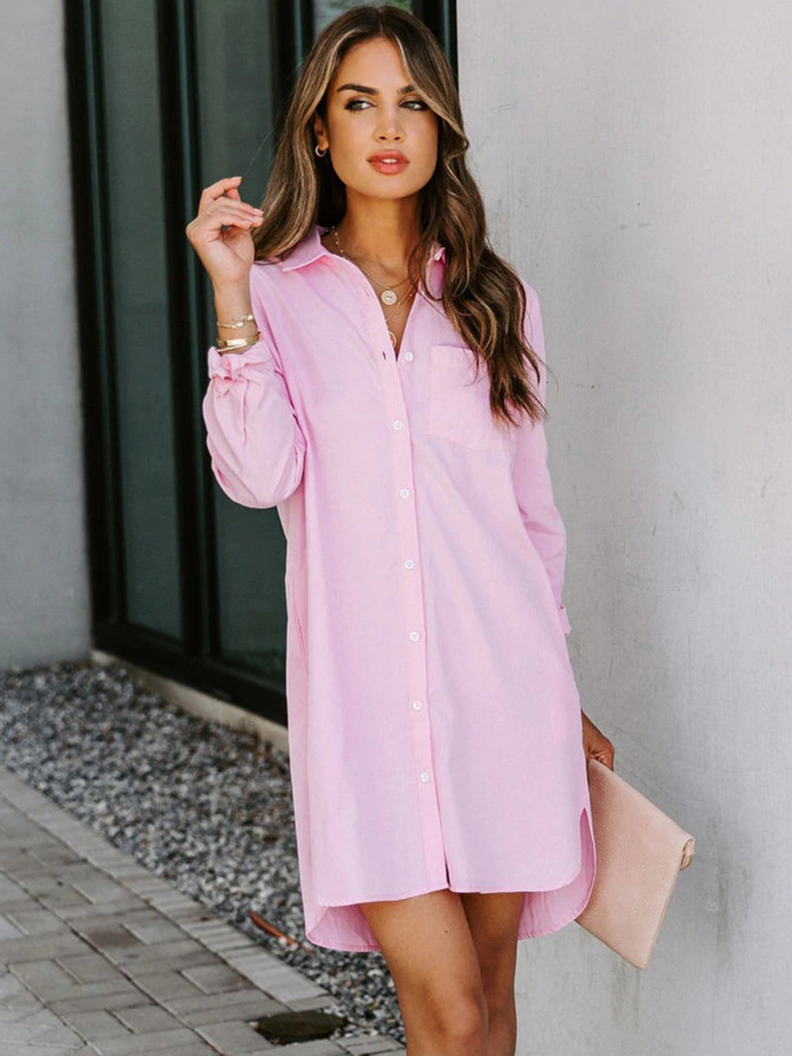 Button Up Collared Neck Long Sleeve Shirt Dress - Tantalize Boutique