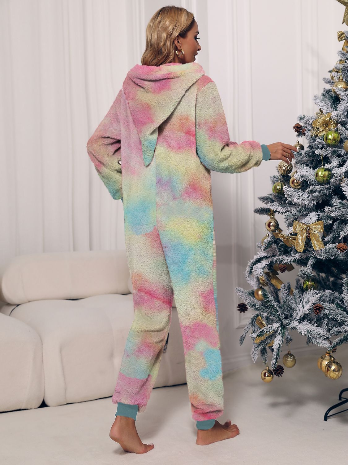 Zip Front Long Sleeve Hooded Teddy Lounge Jumpsuit - Tantalize Boutique