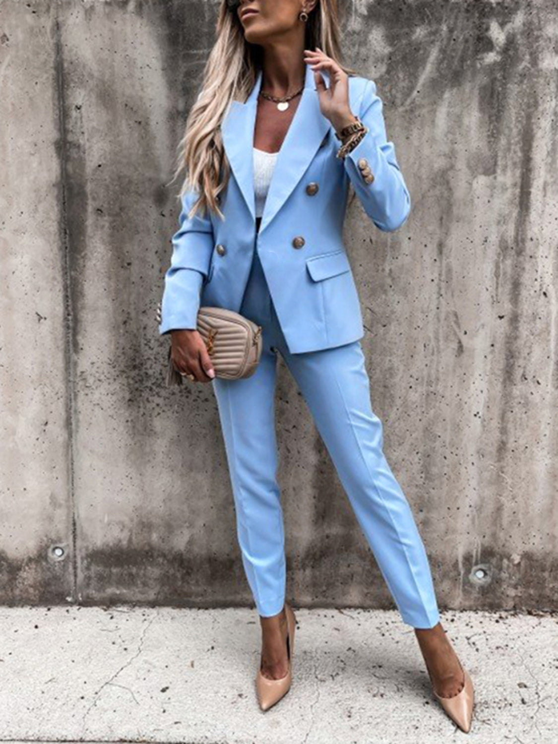 Lapel Collar Long Sleeve Blazer and Pants Set - Tantalize Boutique