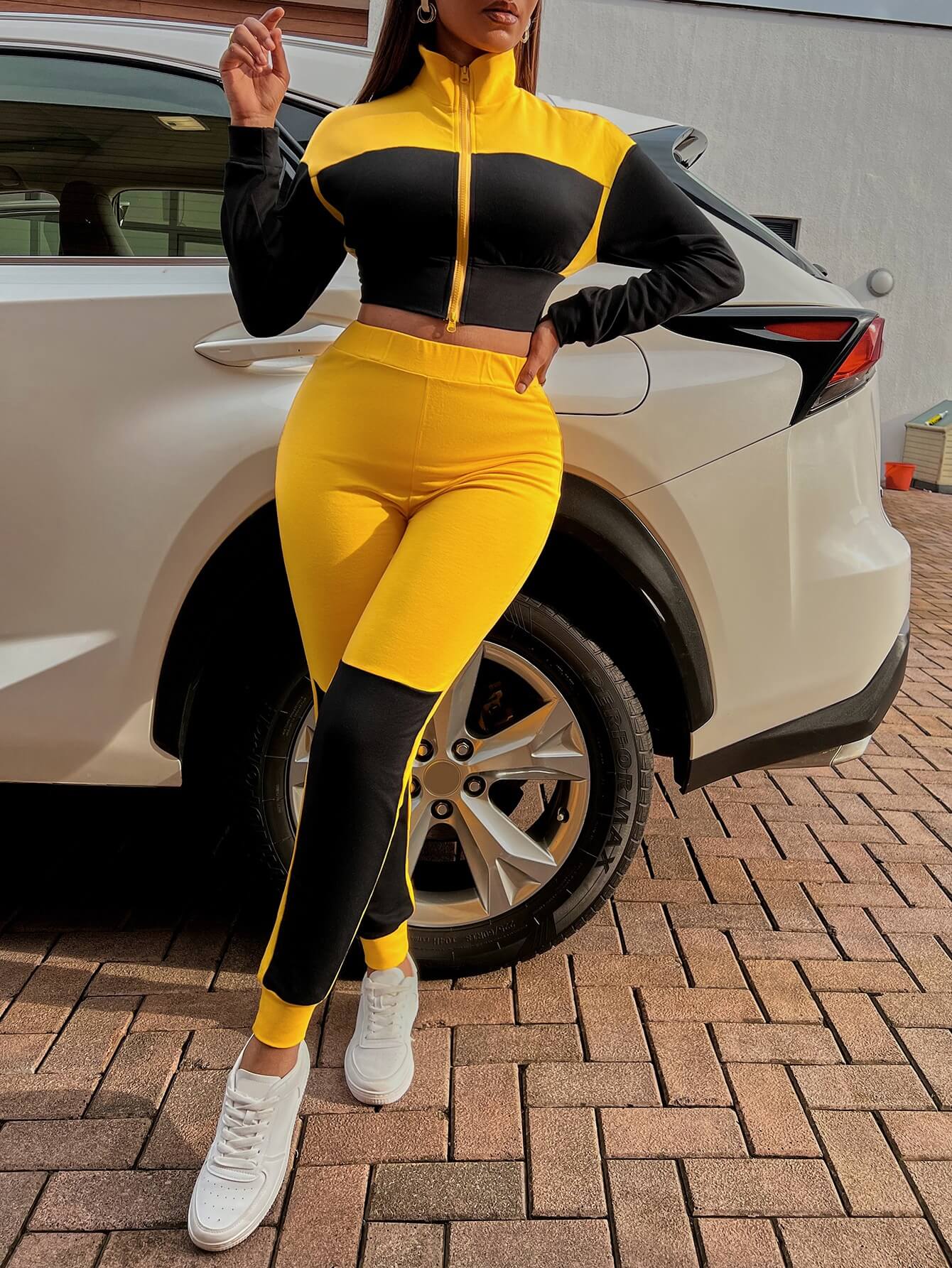 Two-Tone Collared Neck Top and Joggers Set - Tantalize Boutique