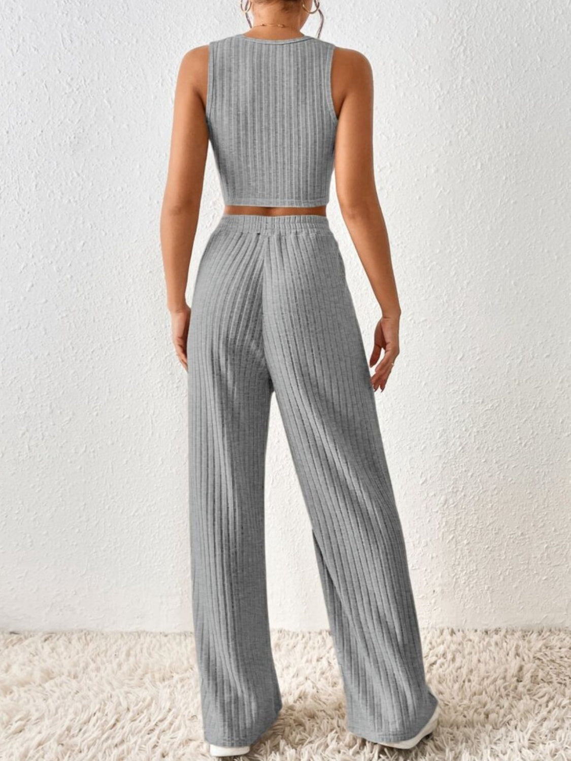 Ribbed Round Neck Tank and Pants Sweater Set - Tantalize Boutique