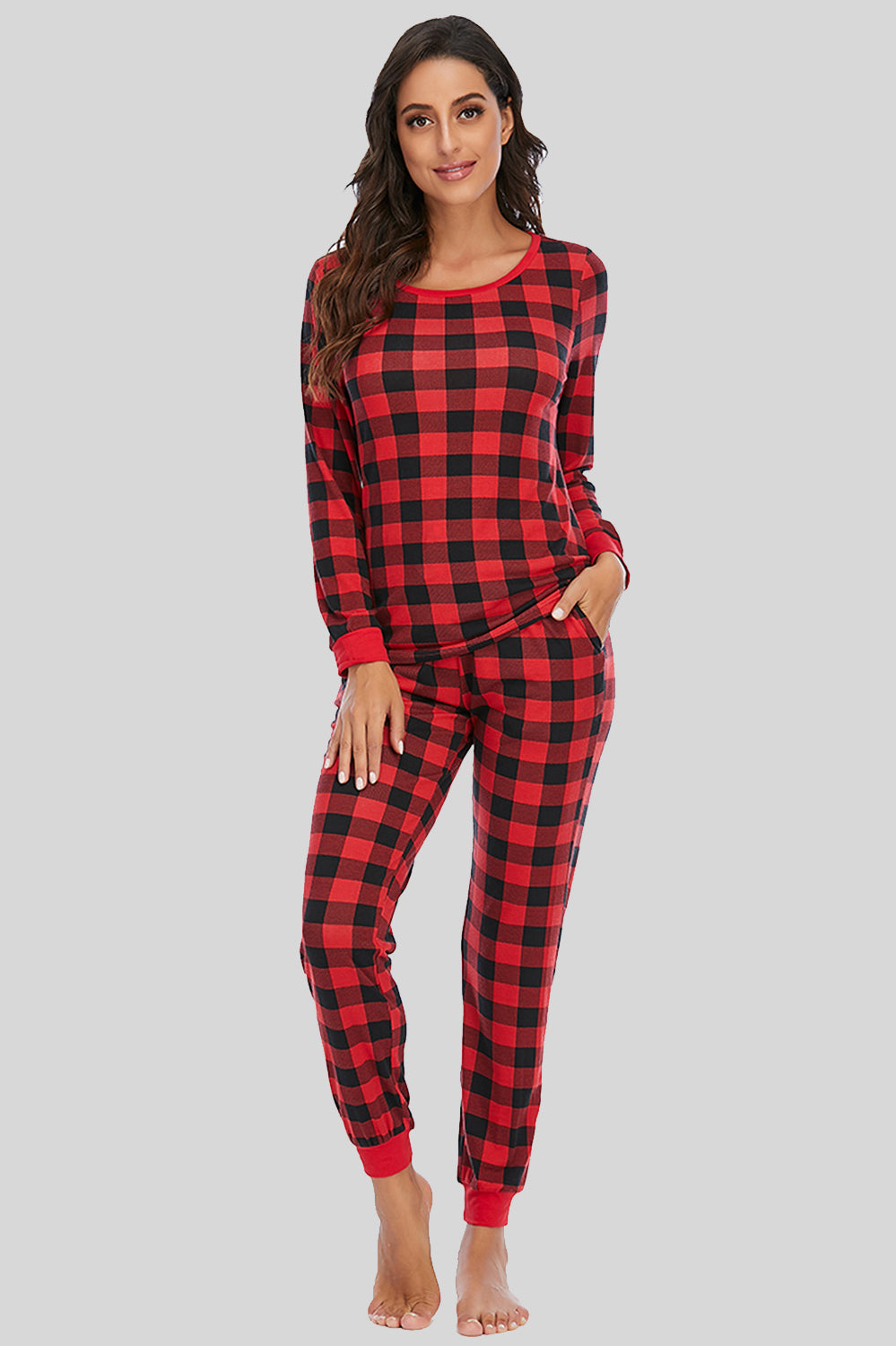 Plaid Round Neck Top and Pants Set - Tantalize Boutique