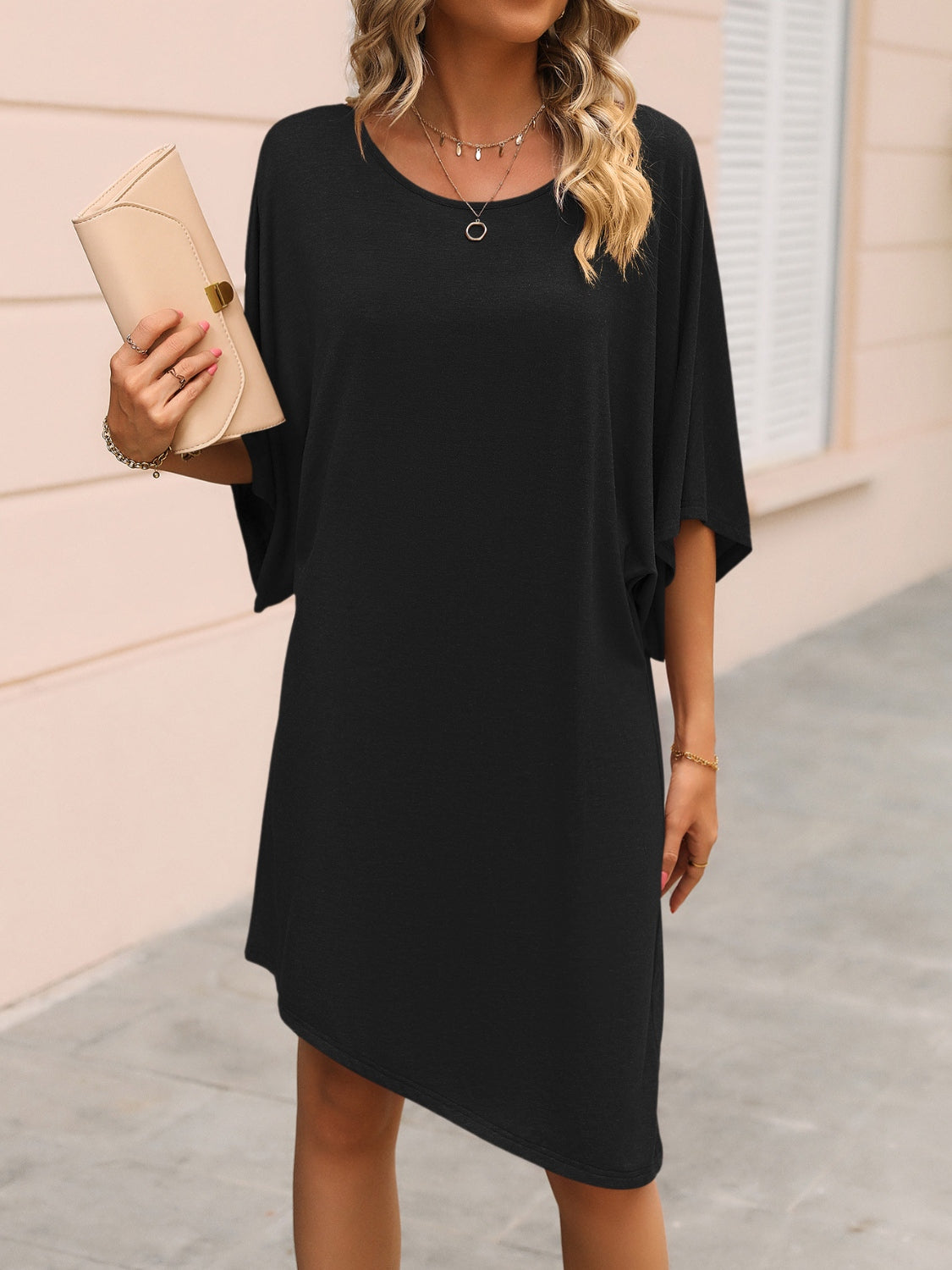 Round Neck Three-Quarter Sleeve Tee Dress - Tantalize Boutique