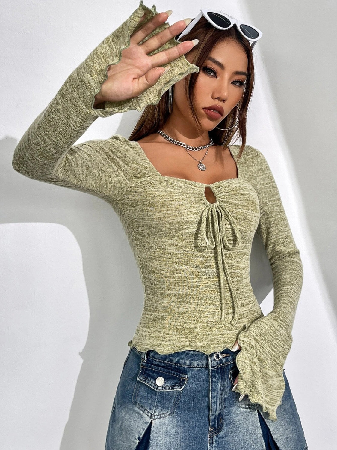 Cutout Drawstring Heathered Long Sleeve T-Shirt - Tantalize Boutique