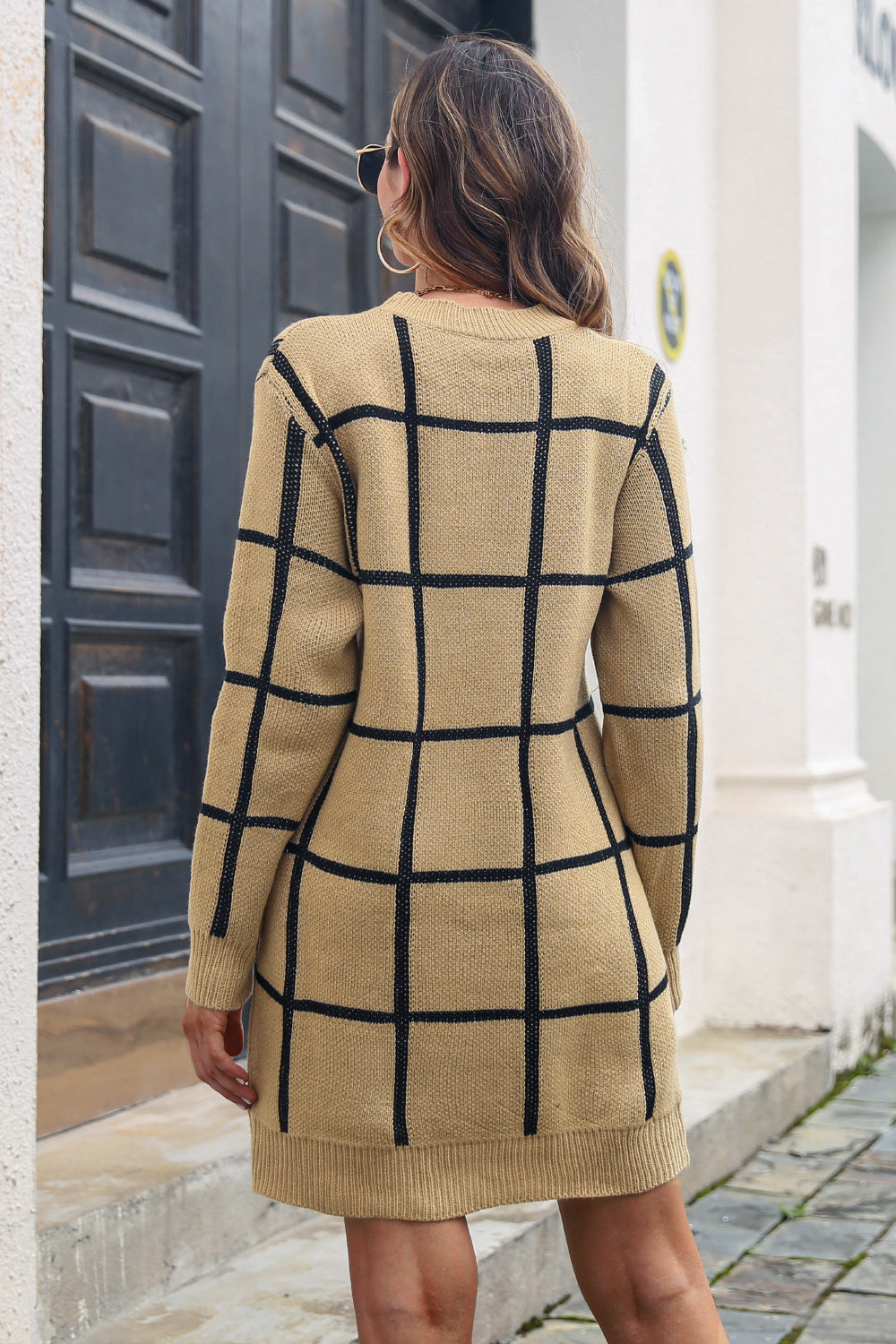 Plaid Round Neck Long Sleeve Sweater Dress - Tantalize Boutique