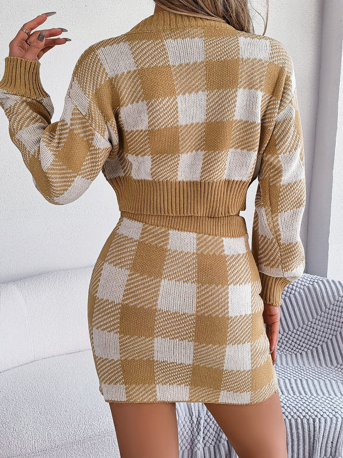 Plaid Round Neck Top and Skirt Sweater Set - Tantalize Boutique