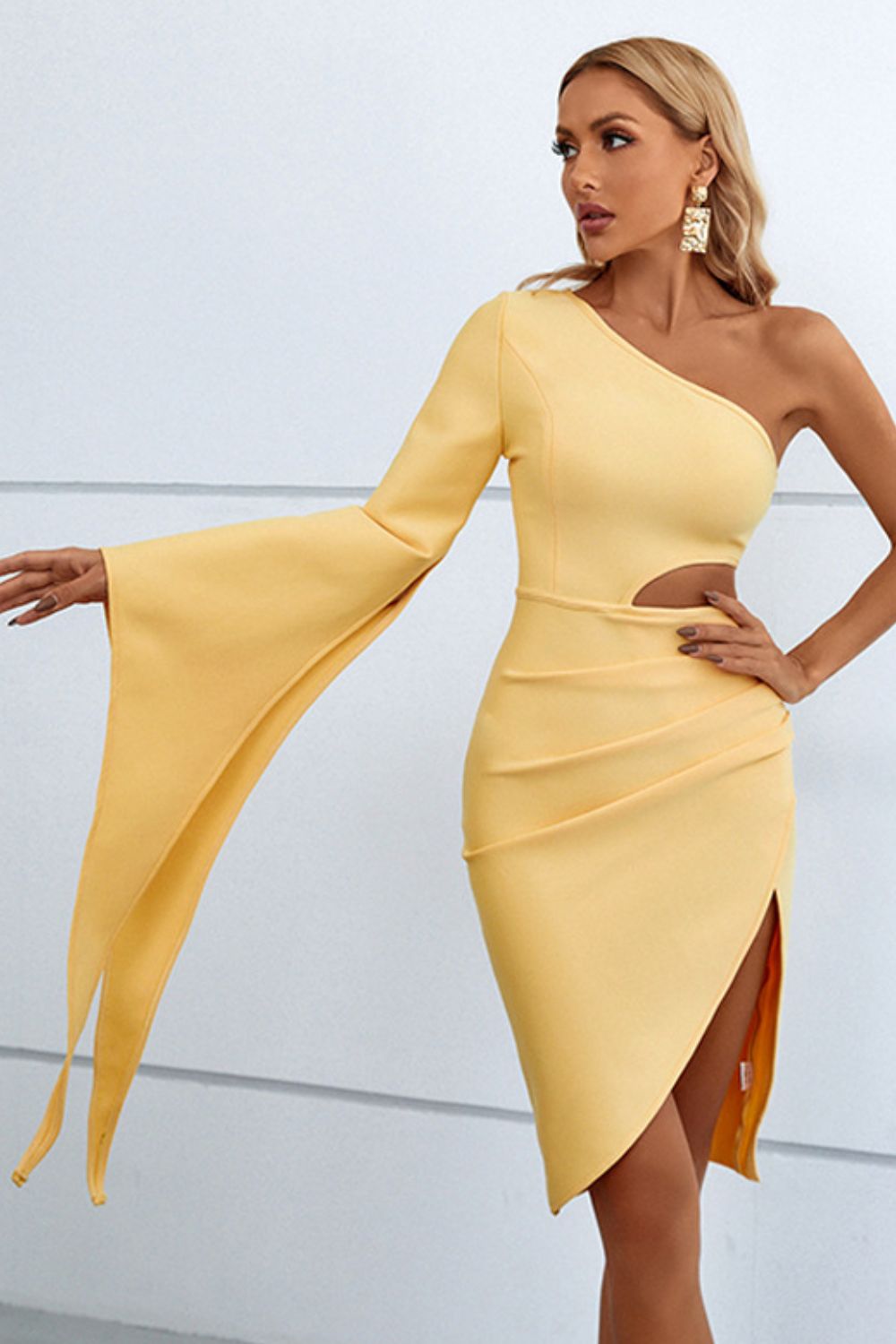 Cutout Split Flare Sleeve One-Shoulder Dress - Tantalize Boutique