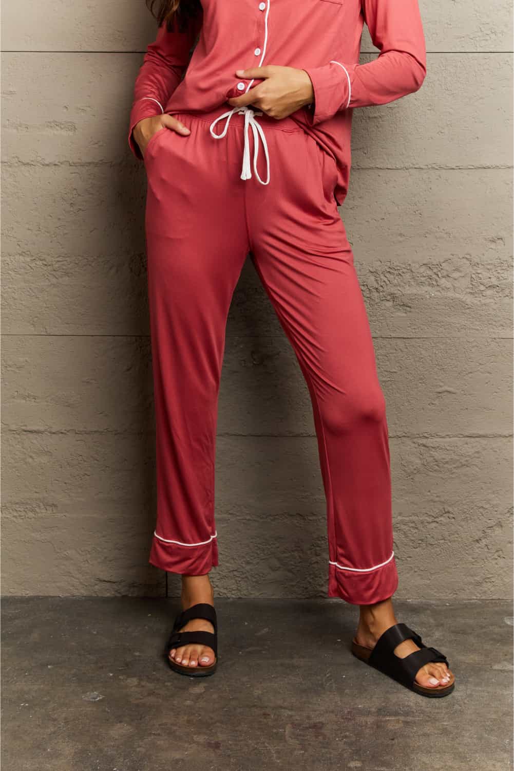Ninexis Buttoned Collared Neck Top and Pants Pajama Set - Tantalize Boutique