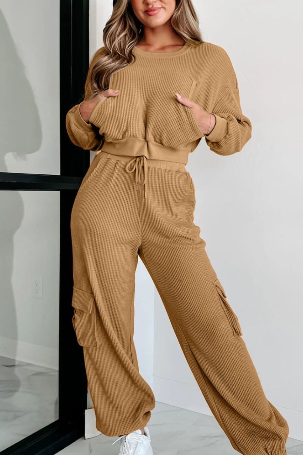 Waffle-knit Top and Drawstring Joggers Set - Tantalize Boutique
