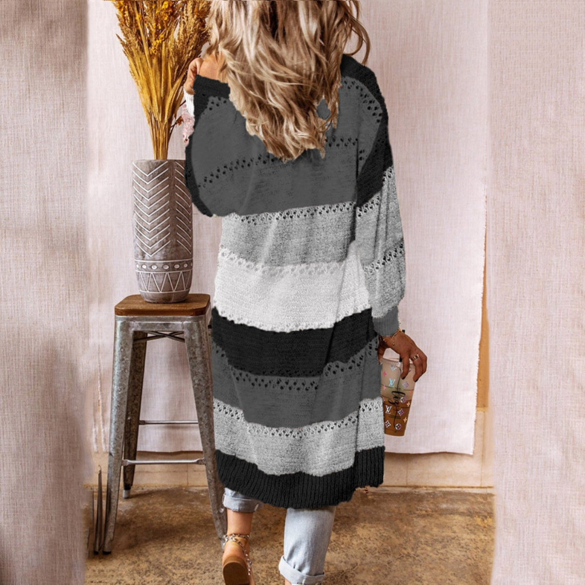 Color Block Open Front Openwork Cardigan - Tantalize Boutique