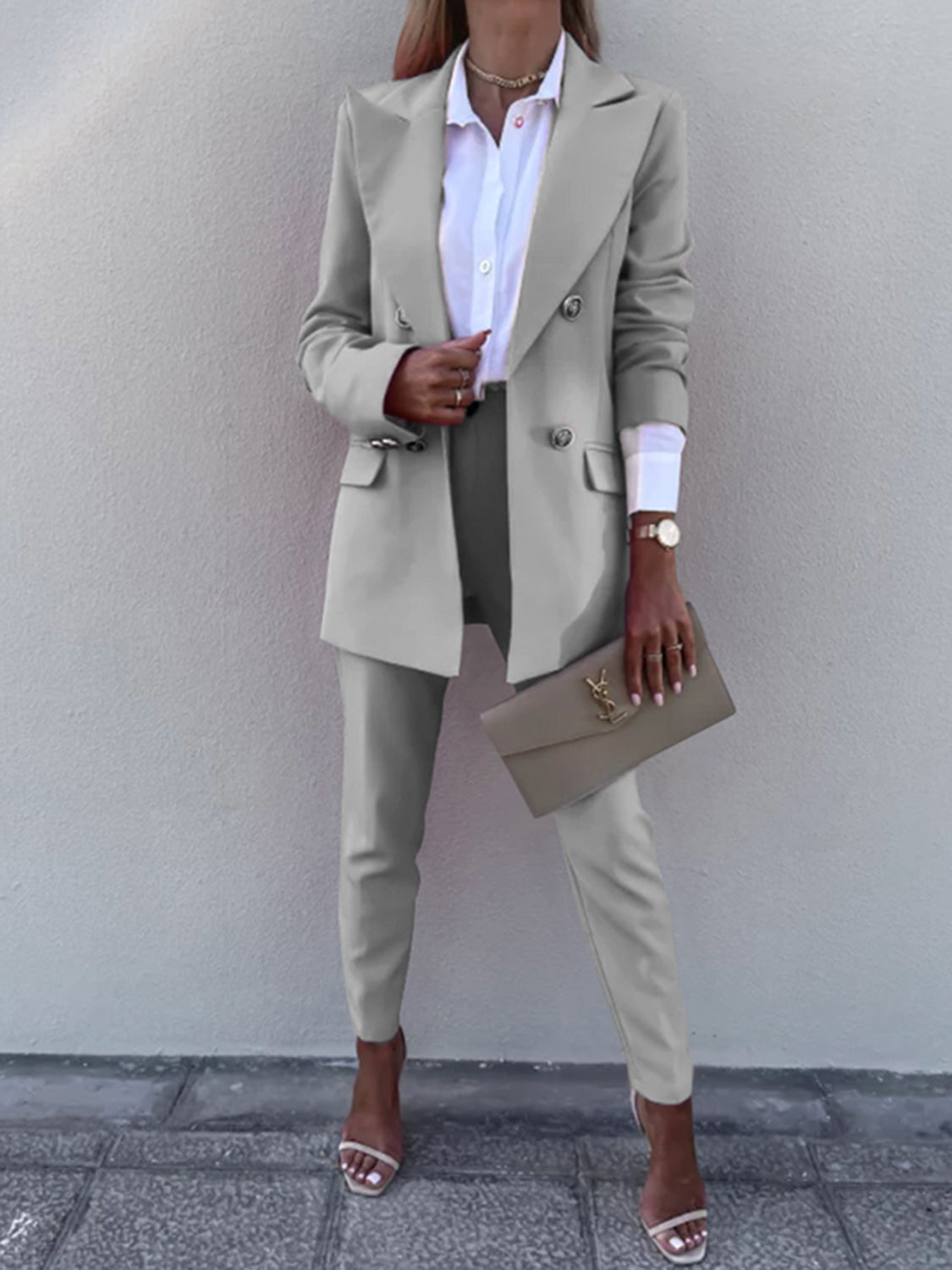 Lapel Collar Long Sleeve Blazer and Pants Set - Tantalize Boutique