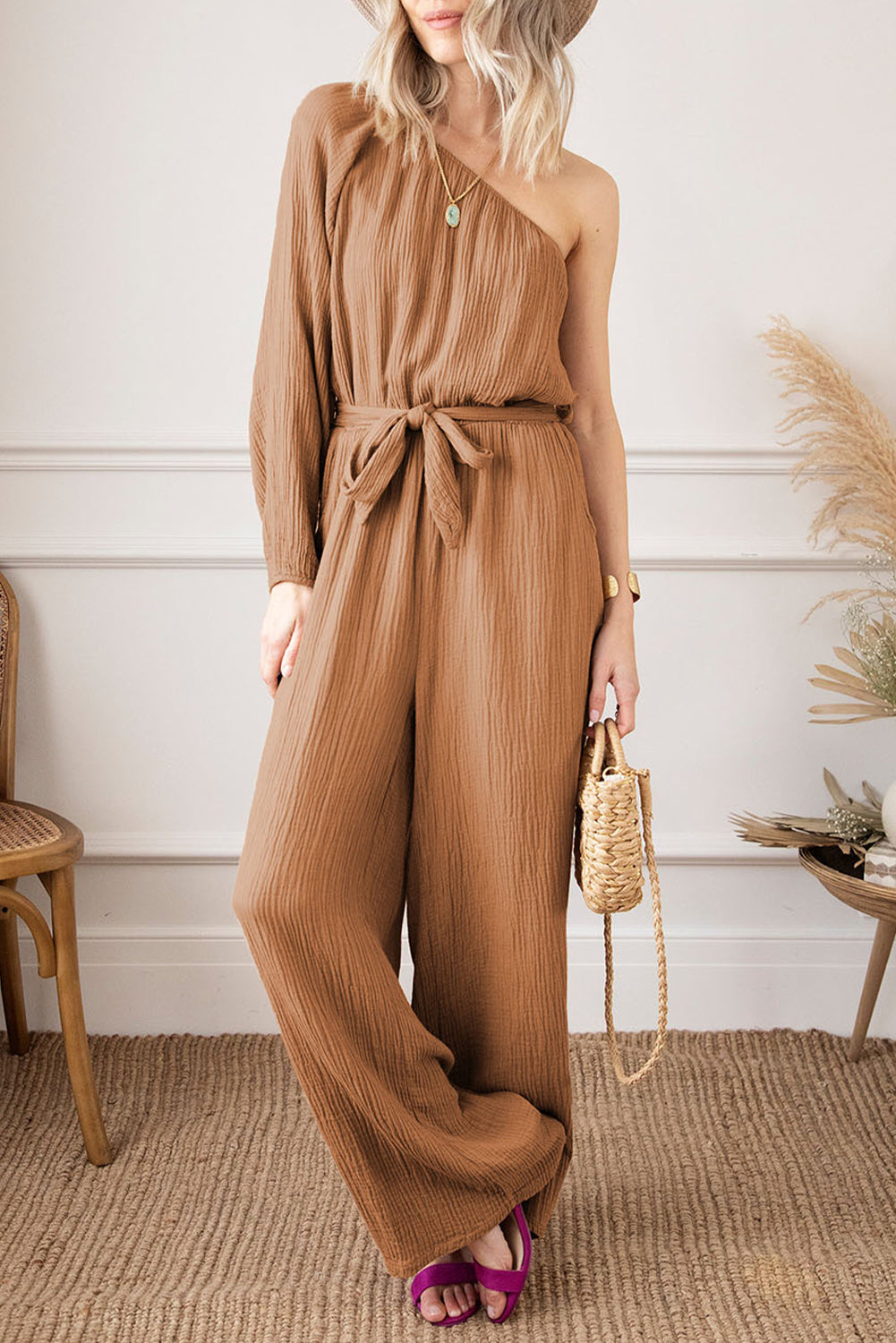 Texture Single Shoulder Tie-Waist Jumpsuit - Tantalize Boutique