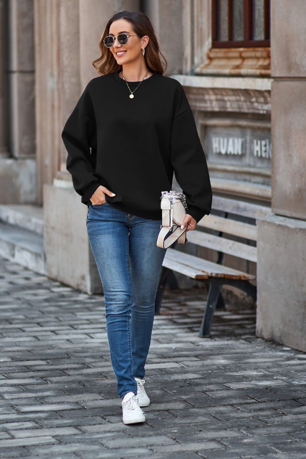 Round Neck Dropped Shoulder Sweatshirt - Tantalize Boutique