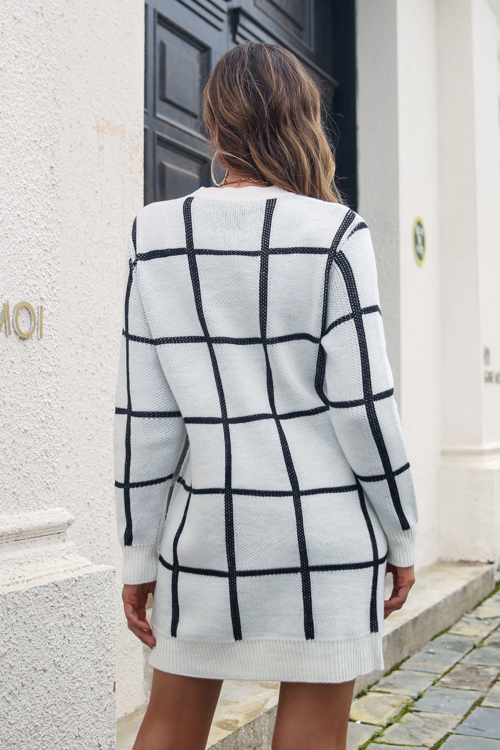 Plaid Round Neck Long Sleeve Sweater Dress - Tantalize Boutique