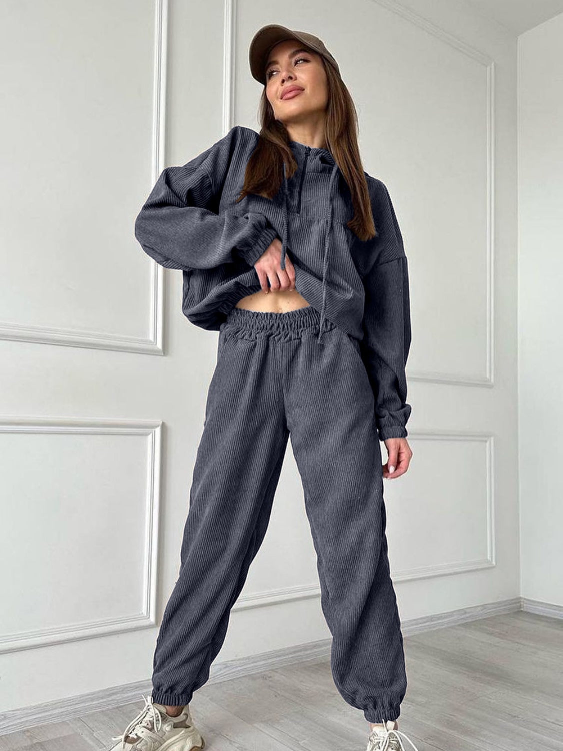 Half Zip Drawstring Hoodie and Pants Set - Tantalize Boutique