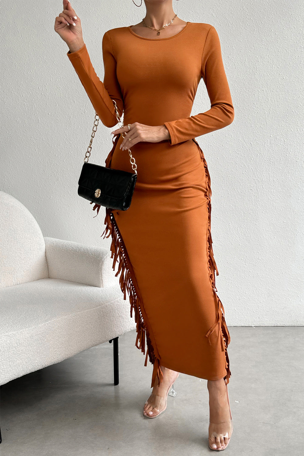 Fringe Slit Round Neck Wrap Dress - Tantalize Boutique