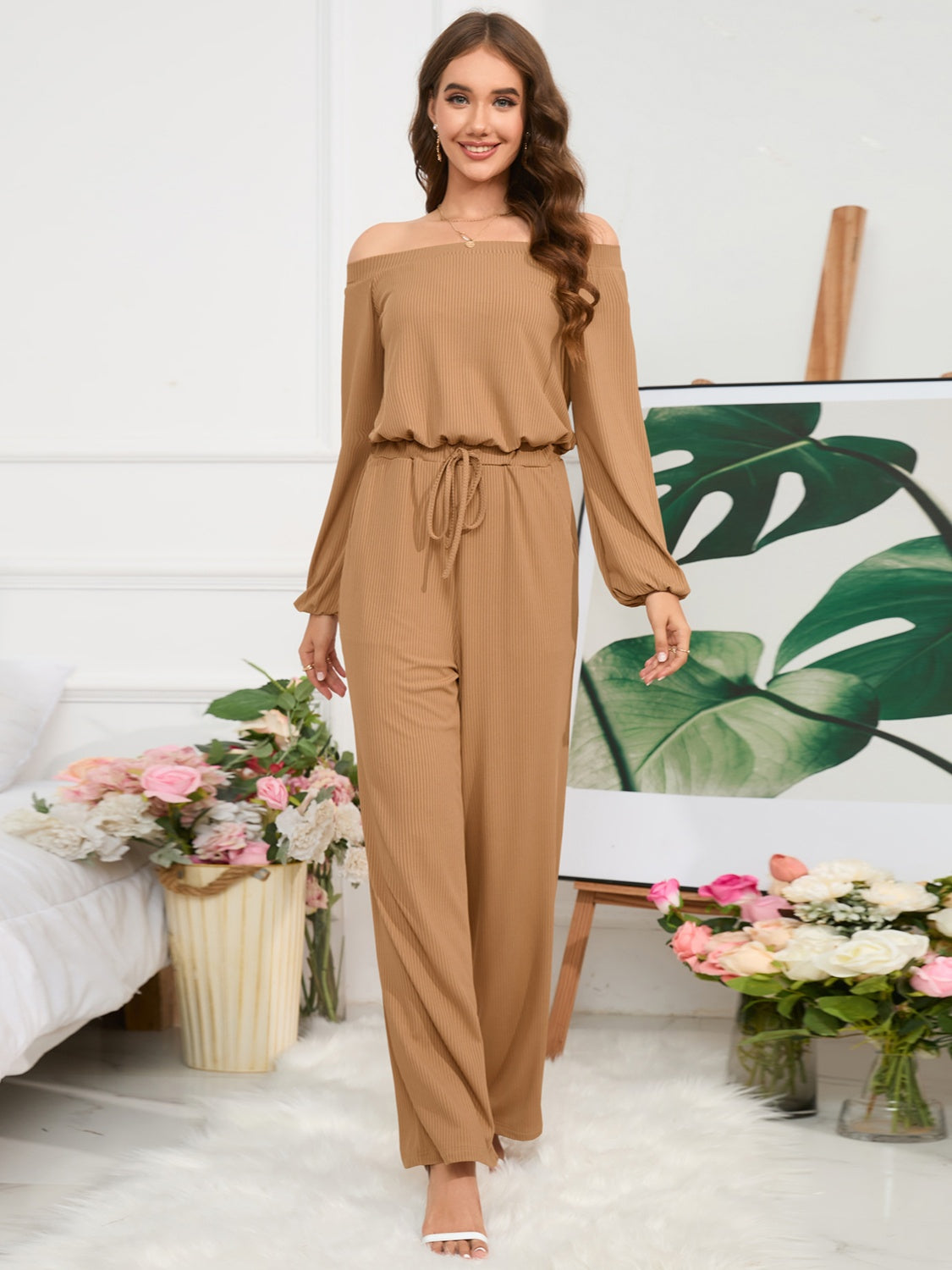 Off-Shoulder Straight Leg Jumpsuit - Tantalize Boutique