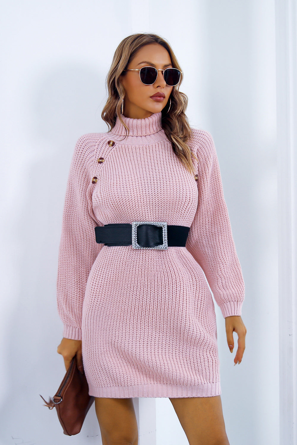 Buttoned Turtleneck Long Sleeve Sweater Dress - Tantalize Boutique