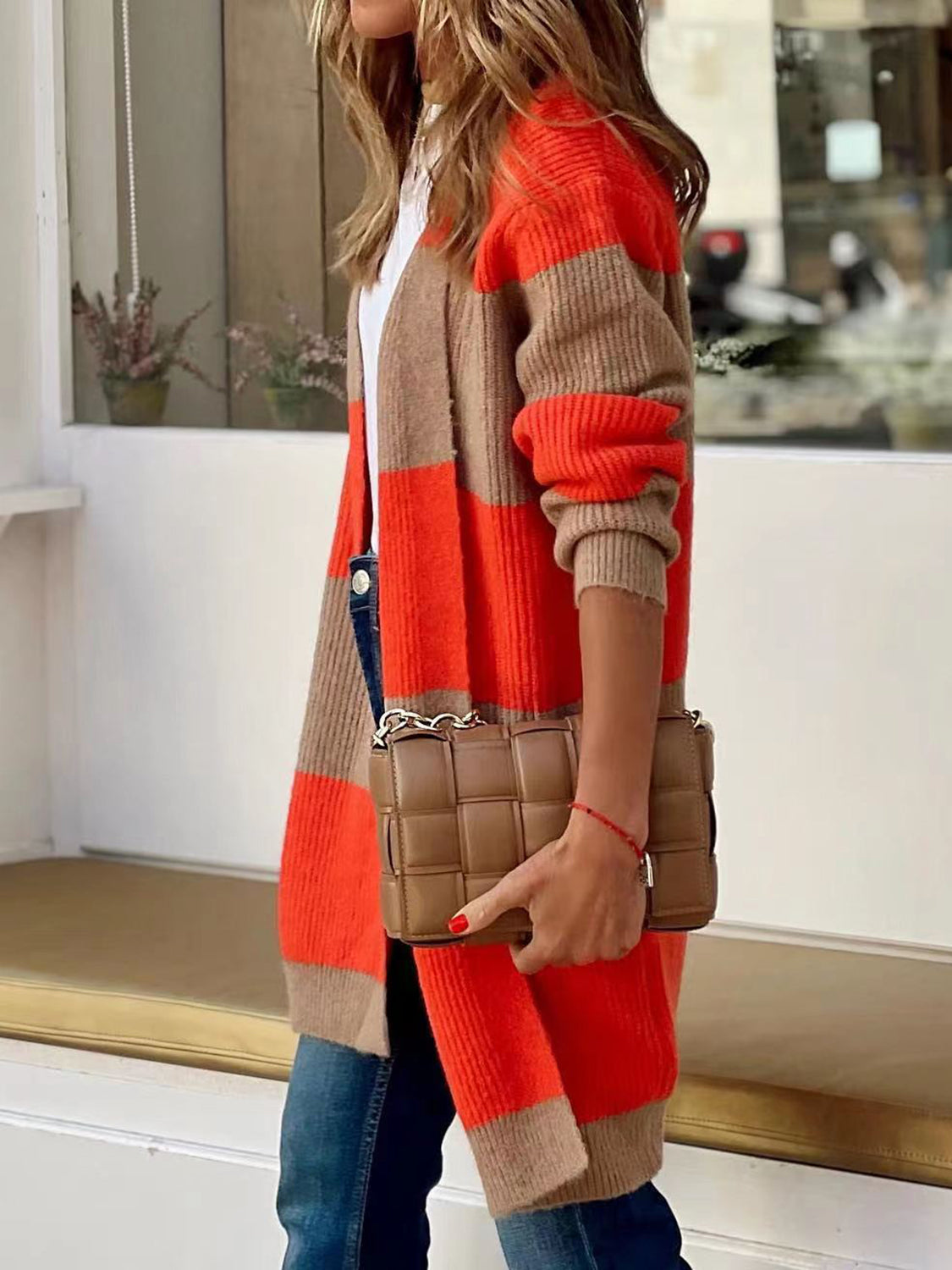 Contrast Open Front Long Sleeve Cardigan - Tantalize Boutique